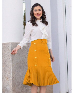 Saia Midi Sereia Botoes Plissada Amarelo Most | Moda Evangelica
